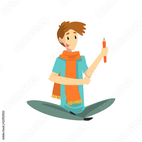 Man with artistic profession, painter or sculptor character sitting on the floor wih pencil vector Illustration on a white background