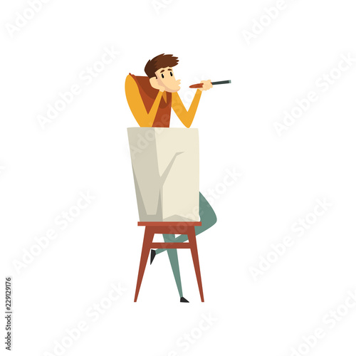 Sculptor working on his sculpture, talented male carver character, creative artistic hobby or profession vector Illustration on a white background