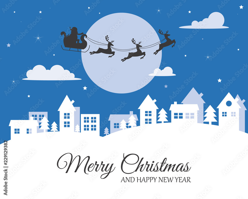 santa claus reindeer sleigh over city. christmas card santa claus reindeer sleigh over city. christmas card