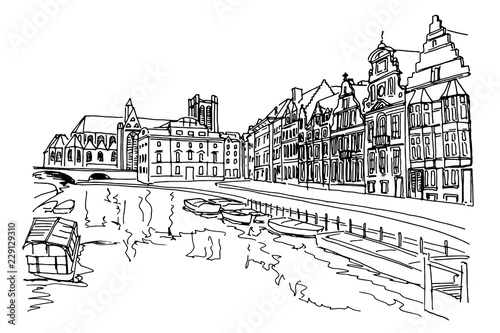 Vector sketch of embankment Graslei and medieval buildings. Former center of the medieval harbor. Ghent, Belgium.