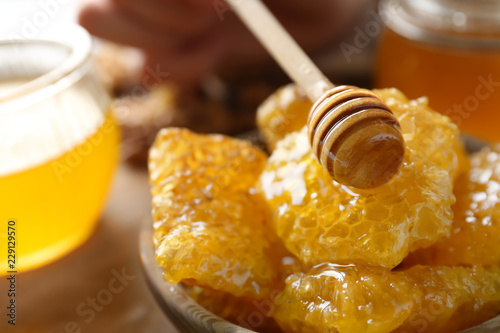 Golden honeycomb pieces wit...