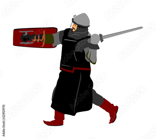Knight in armor with sword and shield vector illustration isolated. Medieval fighter in battle. Hero keeps castle walls. Armed man defends honor of his family and people. Defend country against enemy.