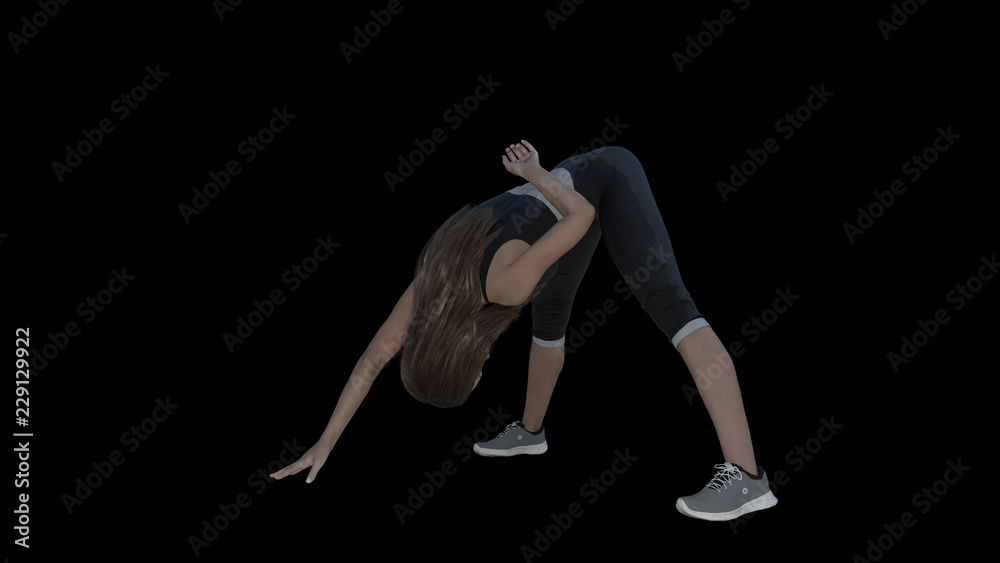 3D render woman doing fitness yoga with black background 3D render woman doing fitness yoga with black background