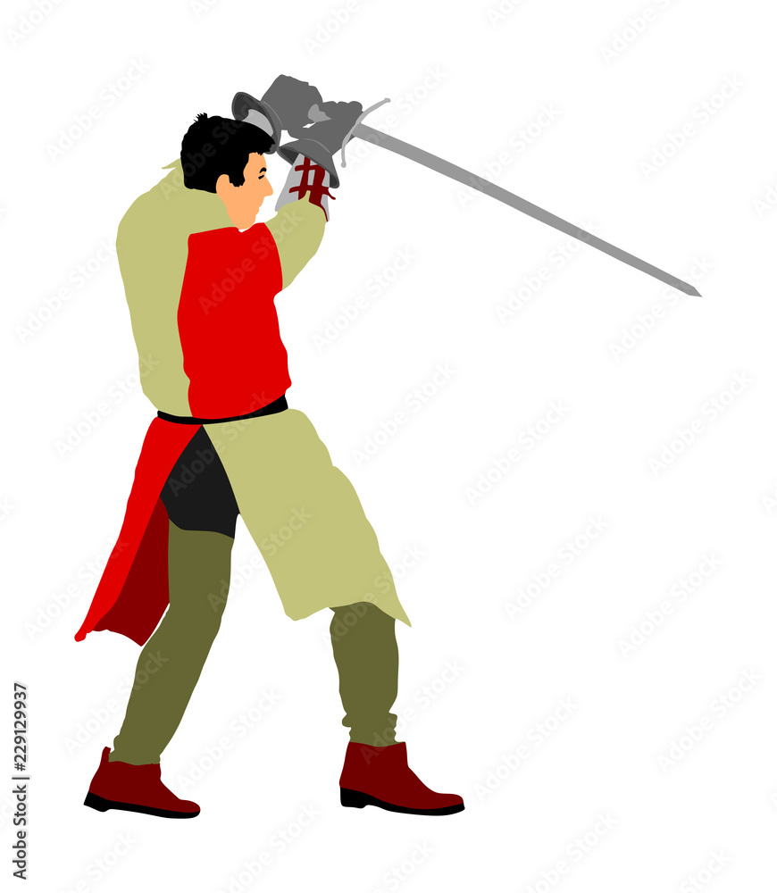 Knight in armor with sword vector illustration isolated on white. Medieval fighter in battle. Hero keeps castle walls. Armed man defends honor of his family and people. Defend country against enemy. Knight in armor with sword vector illustration isolated on white. Medieval fighter in battle. Hero keeps castle walls. Armed man defends honor of his family and people. Defend country against enemy.