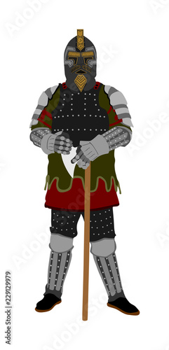 Knight in armor with helmet and ax vector isolated. Medieval fighter in battle. Hero keeps castle. Armed man defends honor of his family and people. Defend country against enemy. Hangman executioner.