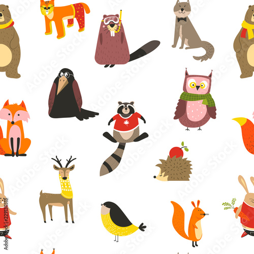 Raccoon and wolf, fox and owl bird wearing scarf