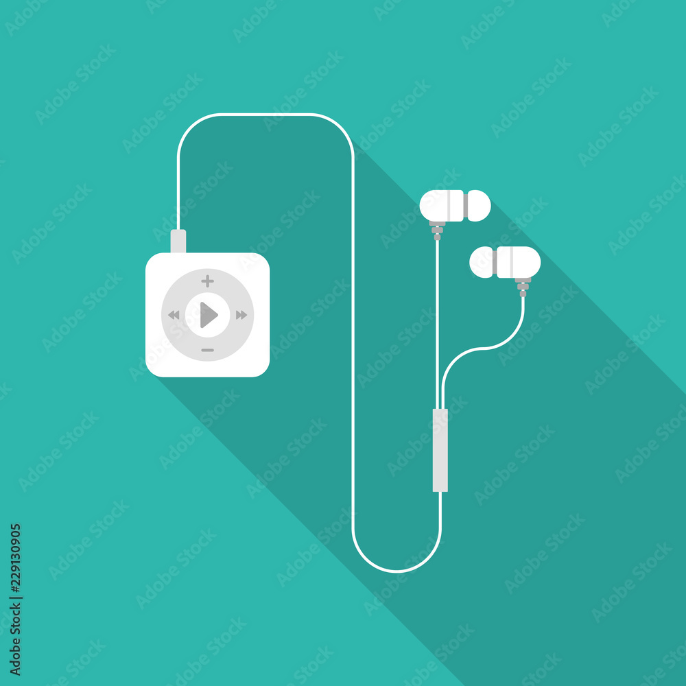 White mp3 player with earphones flat icon isolated on blue background. Simple mp3 player with long shadow in flat style, vector illustration. White mp3 player with earphones flat icon isolated on blue background. Simple mp3 player with long shadow in flat style, vector illustration.