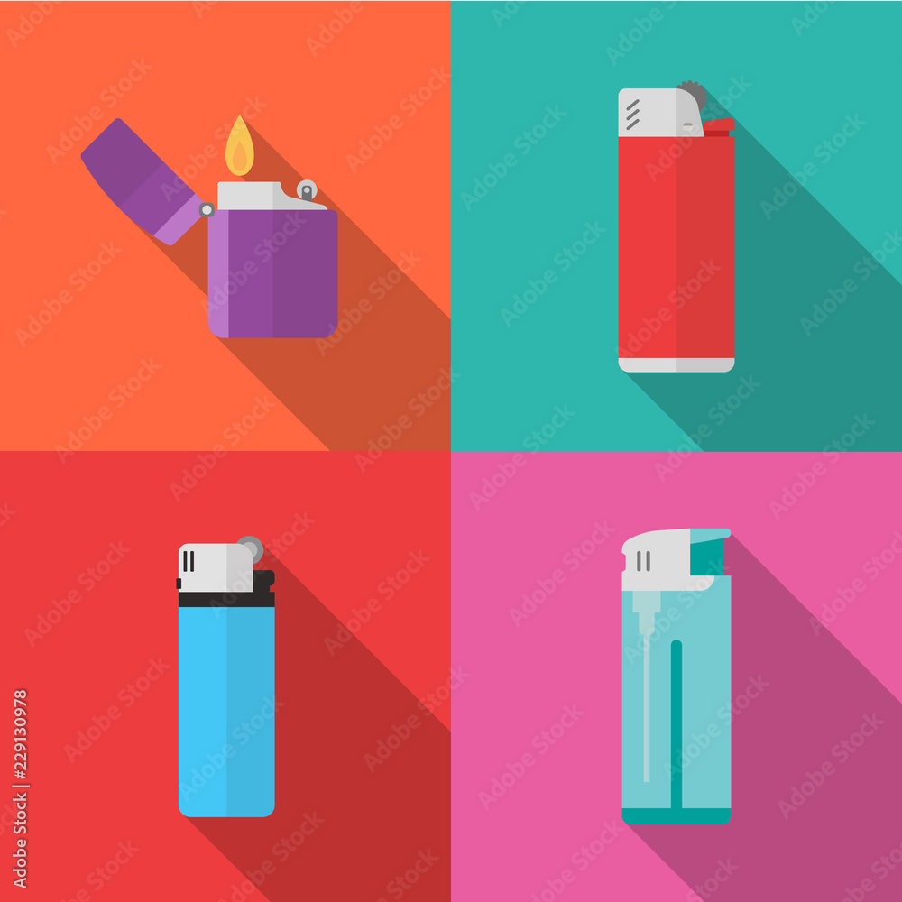 Set of lighters icons with long shadow isolated on colorful background. Simple lighters in flat style. Vector sign symbol illustration Set of lighters icons with long shadow isolated on colorful background. Simple lighters in flat style. Vector sign symbol illustration