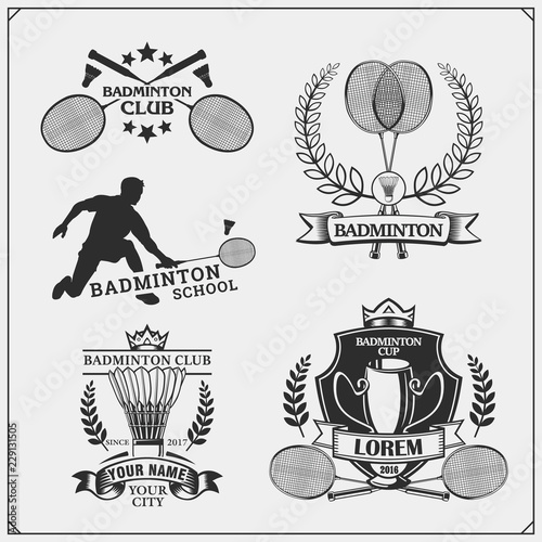 Badminton emblems, symbols, labels, design elements and silhouette of player. Black and white.