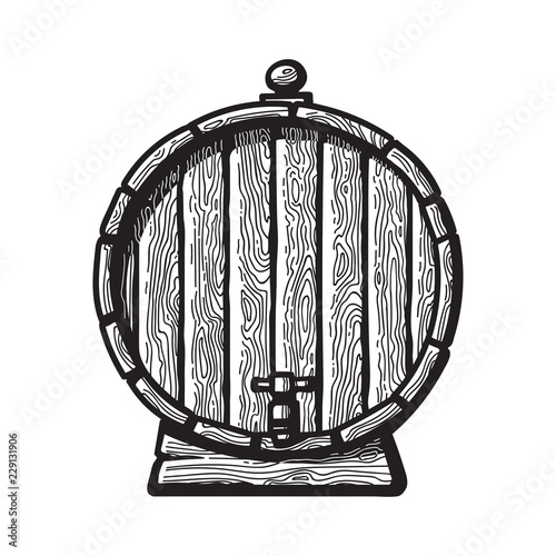 Old wooden barrel with a tap in engraving style. Black and white hand drawn vector illustrations. Front view of beer, wine, rum whiskey traditional barrel.