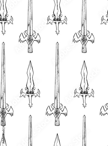 Seamless texture with a sword and dagger. Repeating middle ages style pattern. Can be used as wallpaper, desktop, wrapping, fabric or background for your blog, covers, cards.