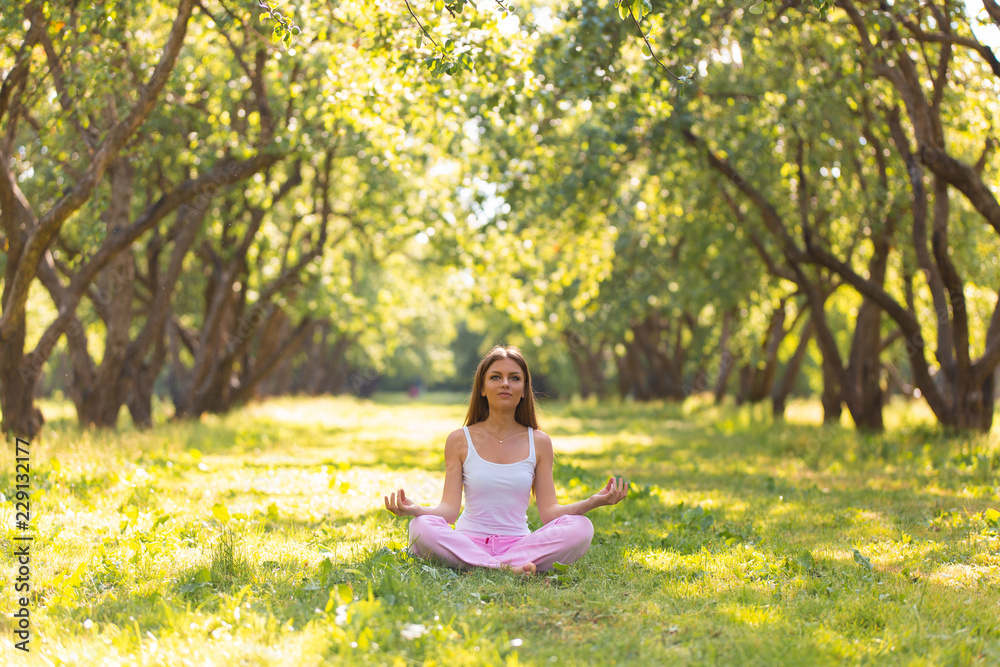 Beautiful girl doing yoga in the park. Stretching exercises Beautiful girl doing yoga in the park. Stretching exercises