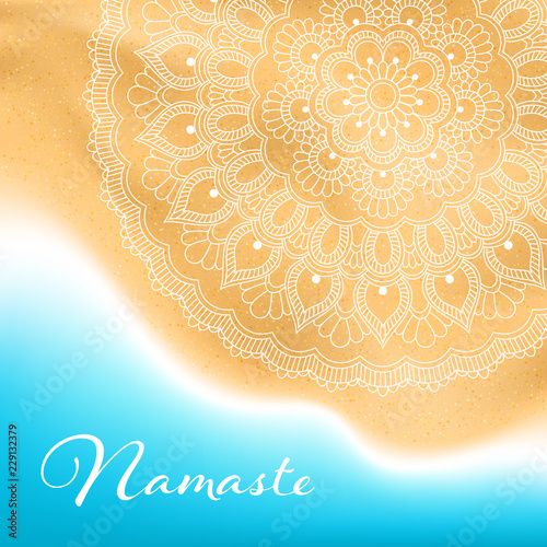 Flyer or brochure template with hand drawn mandala pattern on seashore background. Yoga classes banner
