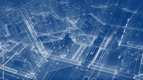 Architecture design: blueprint plan - illustration of a plan modern residential building / technology, industry, business concept illustration: real estate, building, construction, architecture