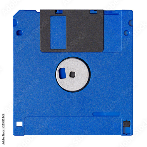 Standard blue floppy disk isolated on white background. Backside view.