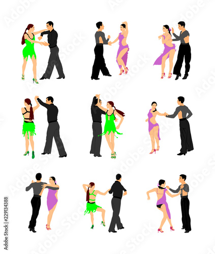 Elegance tango Latino dancers vector illustration isolated on white background. Dancing couple. Partner dance salsa, woman and man in love. lady and gentleman passionate Latin erotic sensual dance.