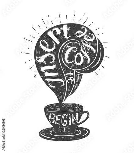 Poster with inscription about coffee drinks. Vector hand drawn illustration.