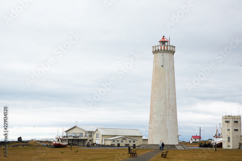 The old lighthouse in Gardur, Iceland. Beautiful landscape in Iceland. Atlantic ocean. photo