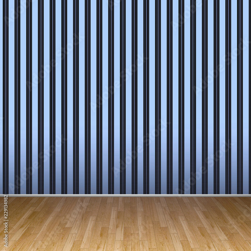 3d illustration interior rendering of blue striped wall and brown parquet floor © ma3d.it