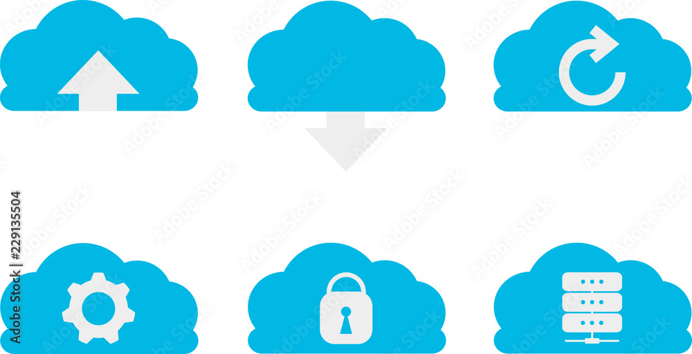 Gray-blue flat icons set. Cloud data technology Gray-blue flat icons set. Cloud data technology