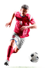 one caucasian soccer player man isolated on white background