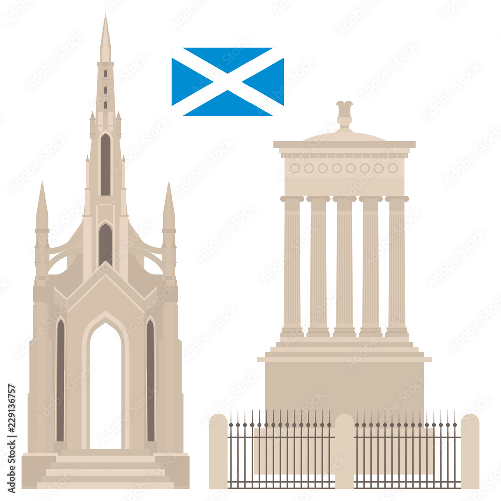 Obraz premium Flat Dugald Stewart and Scott Walter Monument in Edinburgh Scotland, United Kingdom. Historic sight attraction England sightseeing. Travel icon landmark. City architecture of Great Britain.