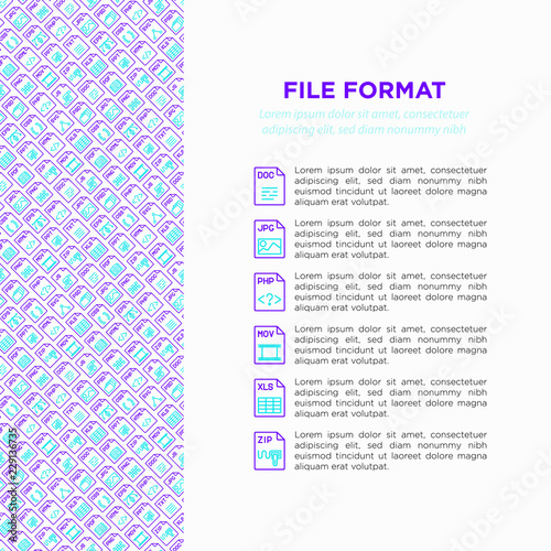 File formats concept with thin line icons: doc, pdf, php, html, jpg, png, txt, mov, eps, zip, css, js. Modern vector illustration, print media template.