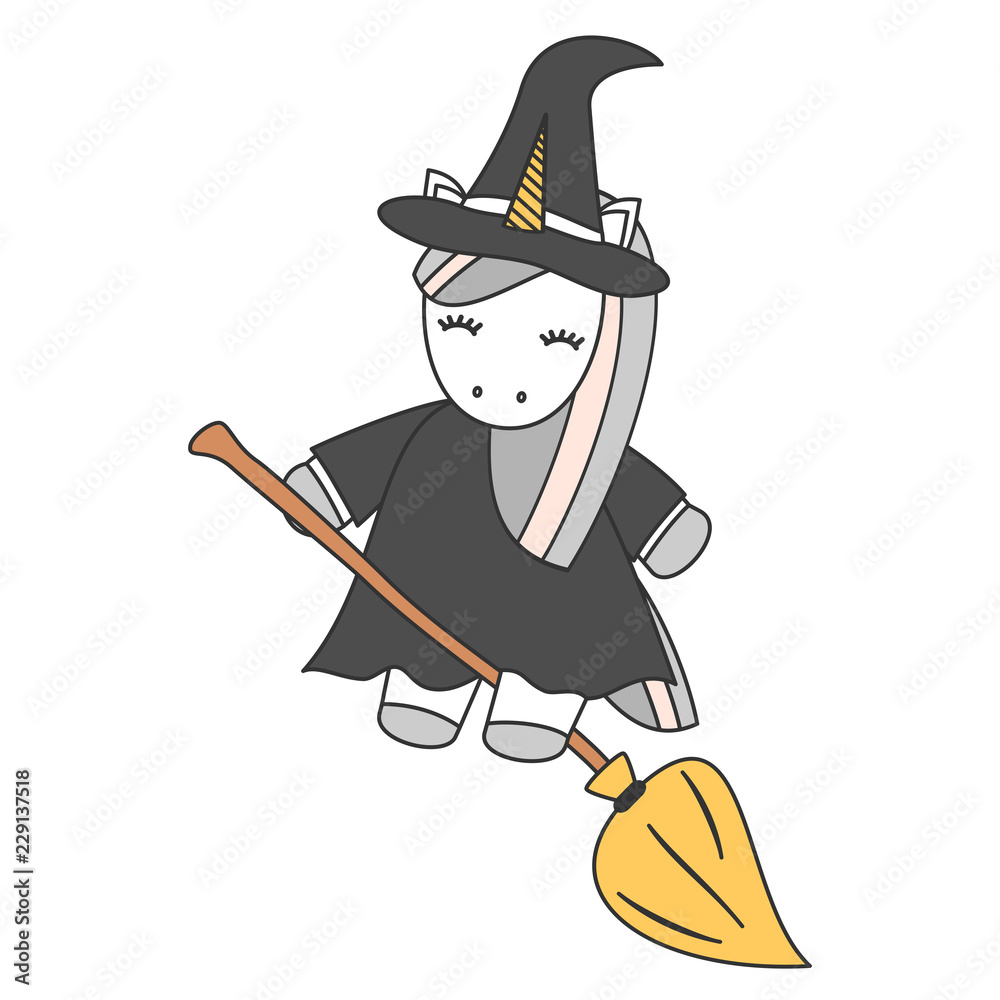 Obraz premium cute cute cartoon unicorn witch flying on broom halloween vector illustration isolated on white background