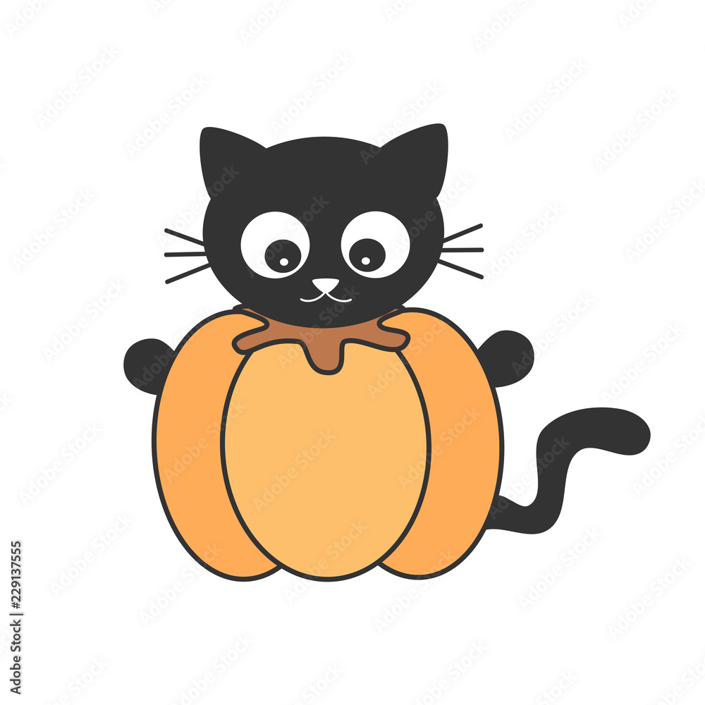 Fototapeta premium cute cartoon black cat in a pumpkin funny vector halloween illustration