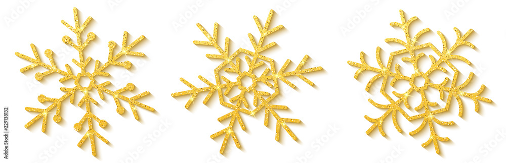 Luxury snowflakes with gold glitters isolated on white background. Happy New Year and Merry Christmas. Christmas elements. Set of snowflakes. Vector illustration Luxury snowflakes with gold glitters isolated on white background. Happy New Year and Merry Christmas. Christmas elements. Set of snowflakes. Vector illustration