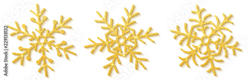 Luxury snowflakes with gold glitters isolated on white background. Happy New Year and Merry Christmas. Christmas elements. Set of snowflakes. Vector illustration