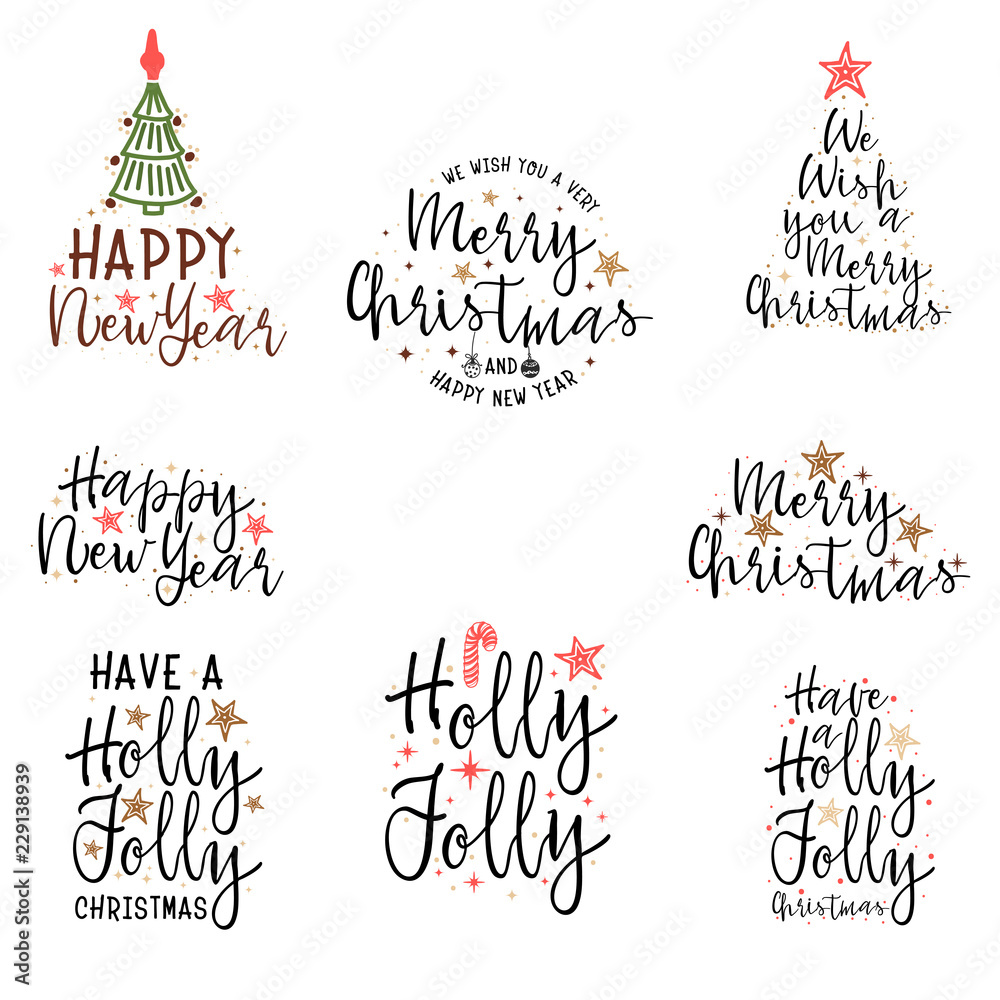 Congratulations Happy New Year and Merry Christmas, calligraphy for cards, posters and covers