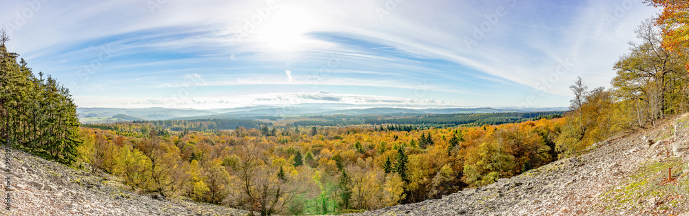 Panorama photo with views of forest and landscape in autumn shades from Morschieder Burr, Germany