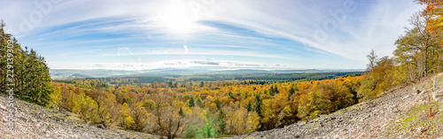 Panorama photo with views of forest and landscape in autumn shades from Morschieder Burr, Germany