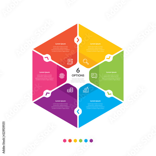 Hexagon chart infographic template with 6 options for presentations, Advertising, Layouts, Annual report - Vector illustration