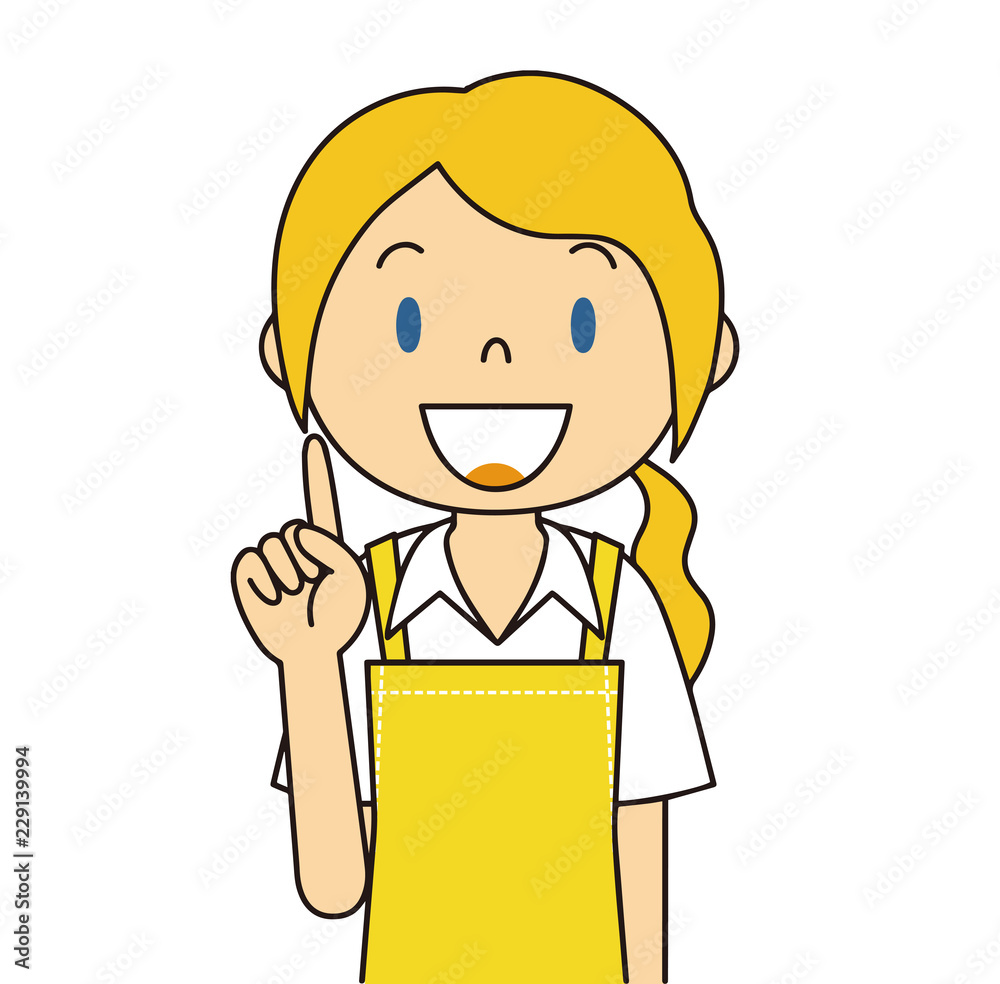 二頭身 外国人 黄色のエプロンの女性 人差し指をさす 保母さん 主婦 料理 カフェ店員 お花屋さん 二頭身 外国人 黄色のエプロンの女性 人差し指をさす 保母さん 主婦 料理 カフェ店員 お花屋さん