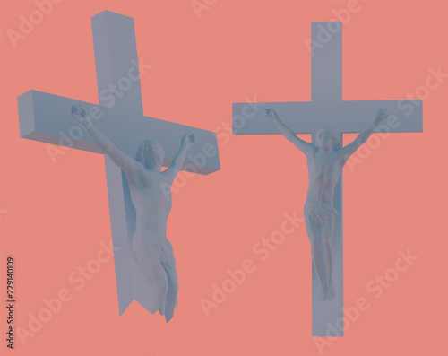 Blue Jesus on the Cross on Red Backgorund. Vector 3D Rendering
