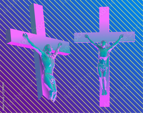 Retro Vaporwave Jesus on the Cross. Vector 3D Rendering