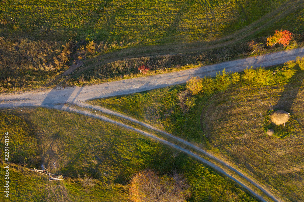 Aerial view of countryside road at autumn