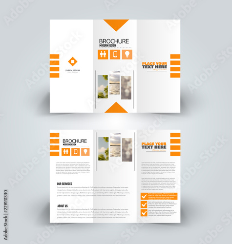 Brochure design. Creative tri-fold template. Abstract geometric background leaflet layout. Orange color vector illustration.
