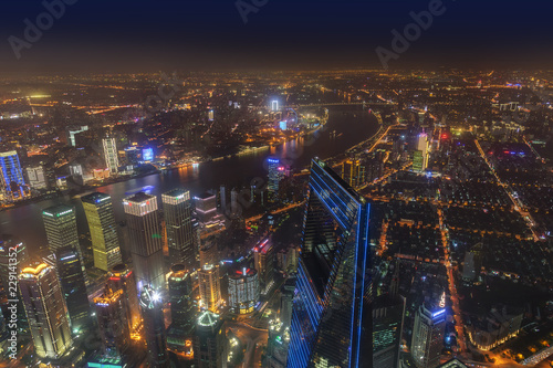 Shanghai, China - May 23, 2018: A night view from Shanghai tower to the modern skyline in Shanghai, China