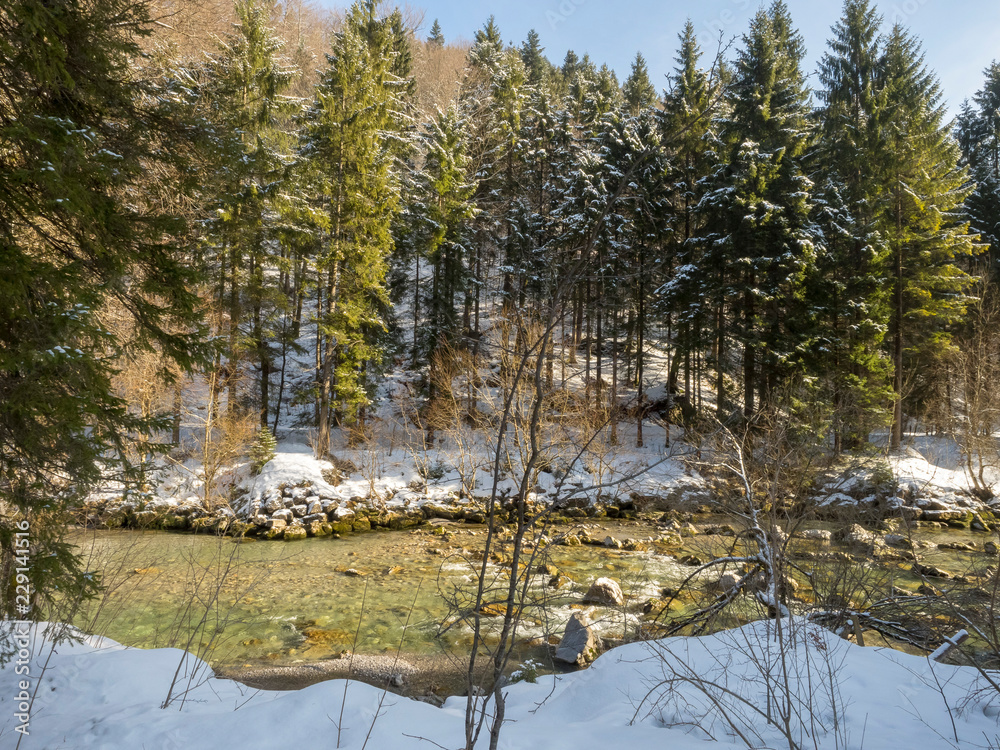 Oberbayern. Die Weissach im Winter, ein fluss das hat seine Quelle in Blaubergen, entwässert das Kreuther Tal bis Rottach-Egern und zur Mündung in den Tegernsee Oberbayern. Die Weissach im Winter, ein fluss das hat seine Quelle in Blaubergen, entwässert das Kreuther Tal bis Rottach-Egern und zur Mündung in den Tegernsee