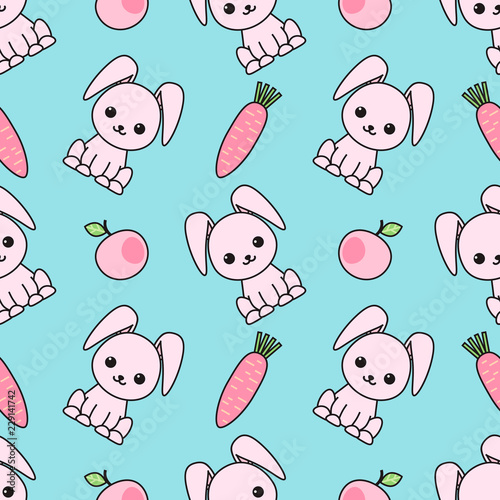Cute seamless pattern with cartoon funny rabbits. Childish background. Vector kawaii illustration.