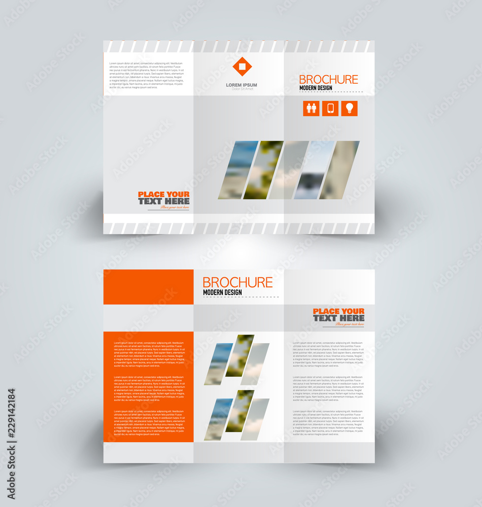 Brochure design. Creative tri-fold template. Abstract geometric background leaflet layout. Orange color vector illustration.