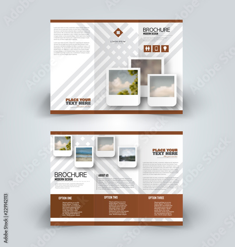 Brochure design. Creative tri-fold template. Abstract geometric background leaflet layout. Brown color vector illustration.