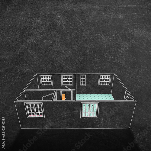 Chalk sketch drawing on blackboard of empty home apartment with floor materials