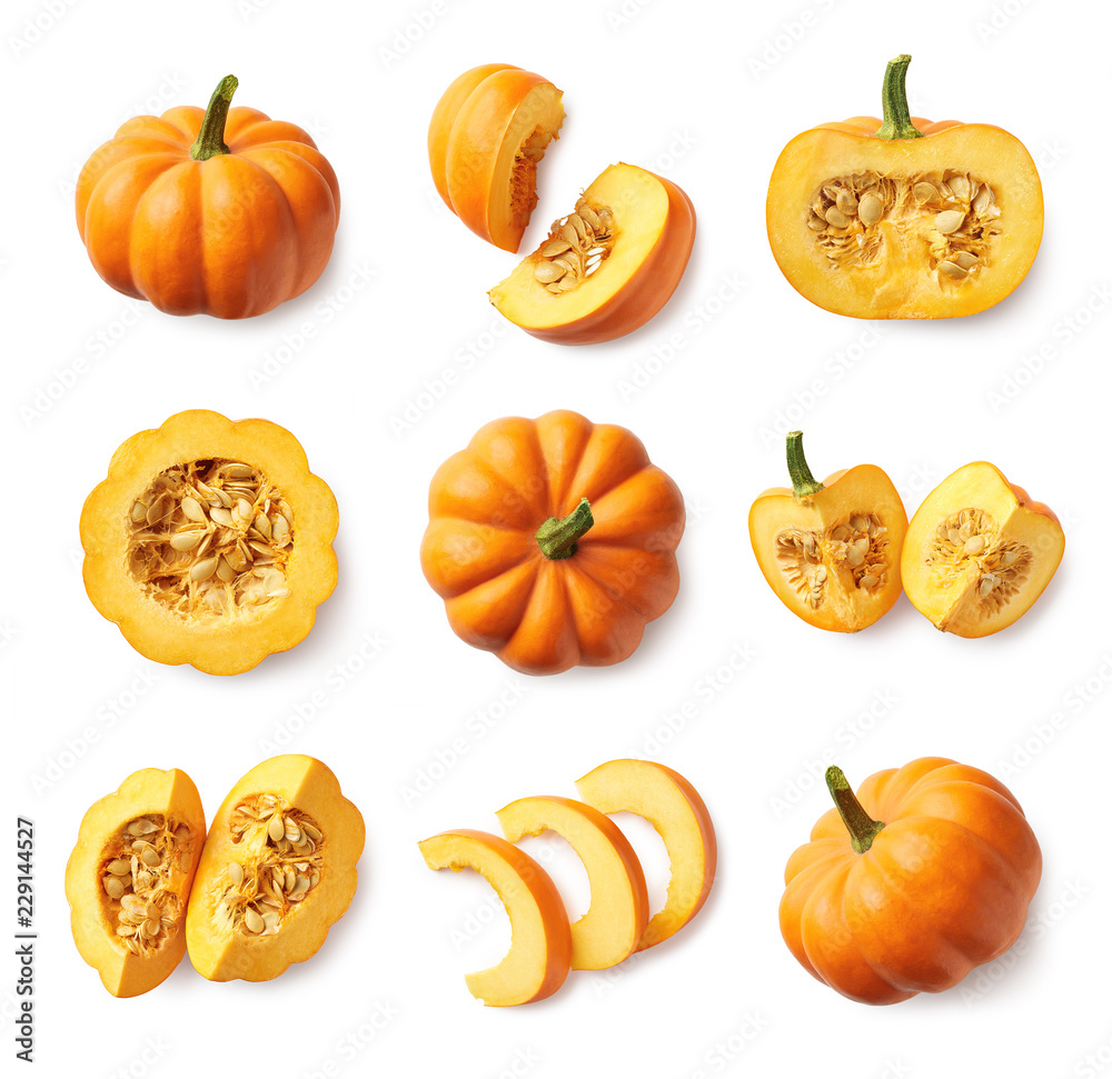Set of fresh whole and sliced pumpkin - obrazy, fototapety, plakaty 