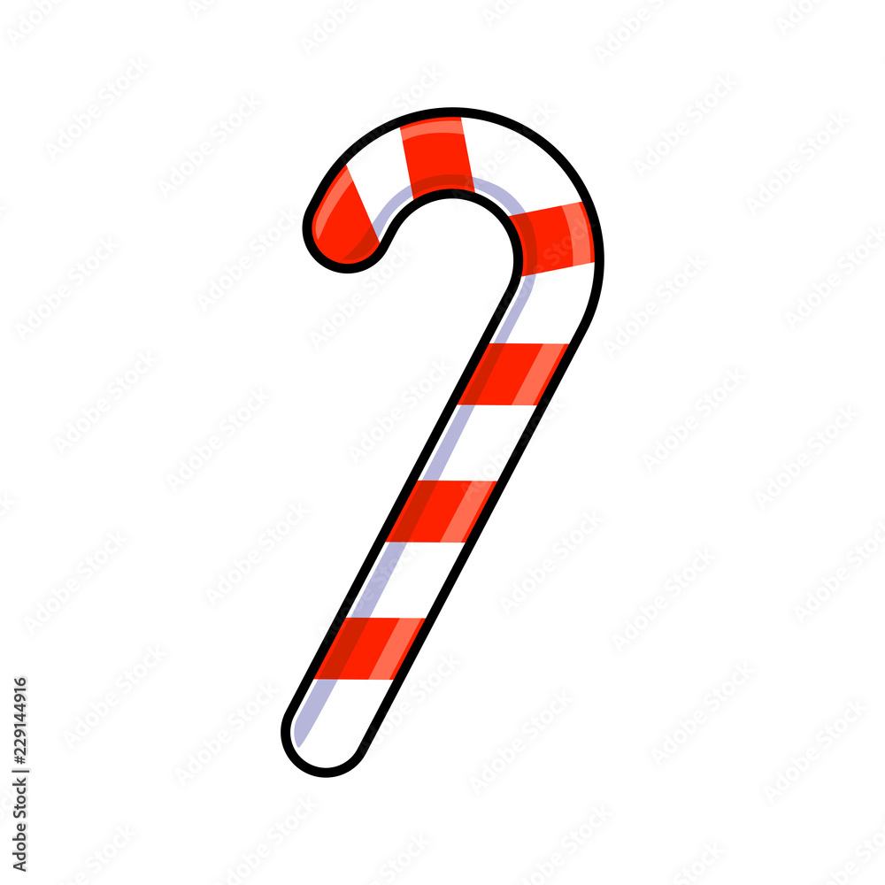 Vector illustration of cartoon candy cane with red and white stripes on a white background. Icon for decoration New Year and Christmas cards and other templates Vector illustration of cartoon candy cane with red and white stripes on a white background. Icon for decoration New Year and Christmas cards and other templates
