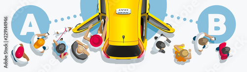 Flow of people through the taxi. The passenger traffic of people passes through the car of taxi service.