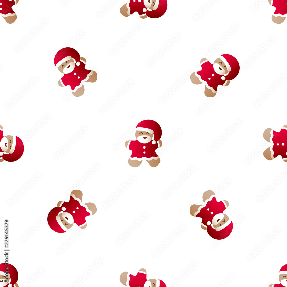 Vector illustration seamless pattern with icons of gingerbread men with red Santa Claus' clothes and beard on a white background